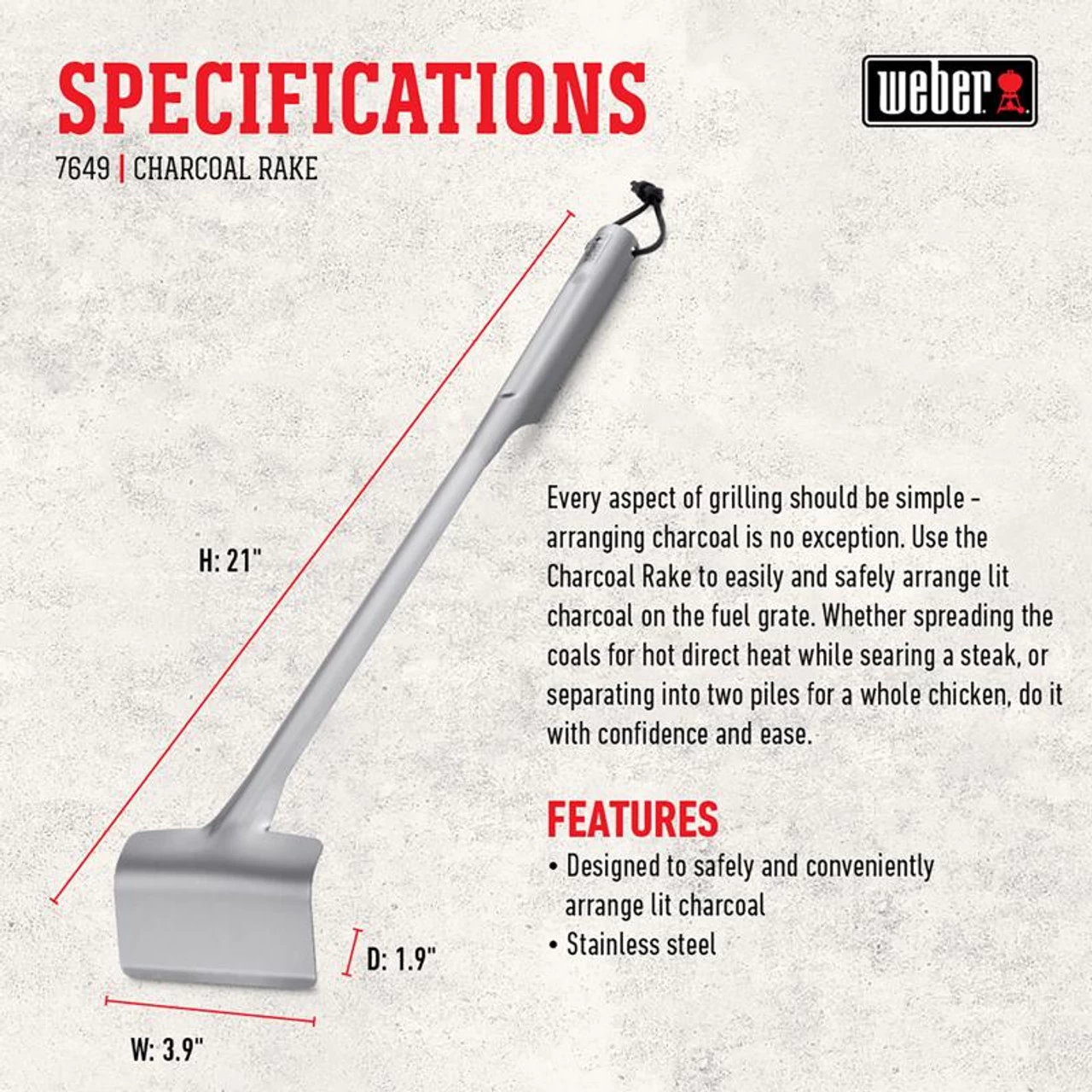 Weber 7649 Stainless Steel Silver Charcoal Rake 5 Weber 7649 Stainless Steel Silver Charcoal Rake - Image 3