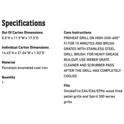 Weber Porcelain-Enameled Cast Iron Grate For SmokeFire And Spirit 300 Series Grills (WEB-7011) 7 Weber Porcelain-Enameled Cast Iron Grate For SmokeFire And Spirit 300 Series Grills (WEB-7011) -Weber Store web 7011 spec a 05 22